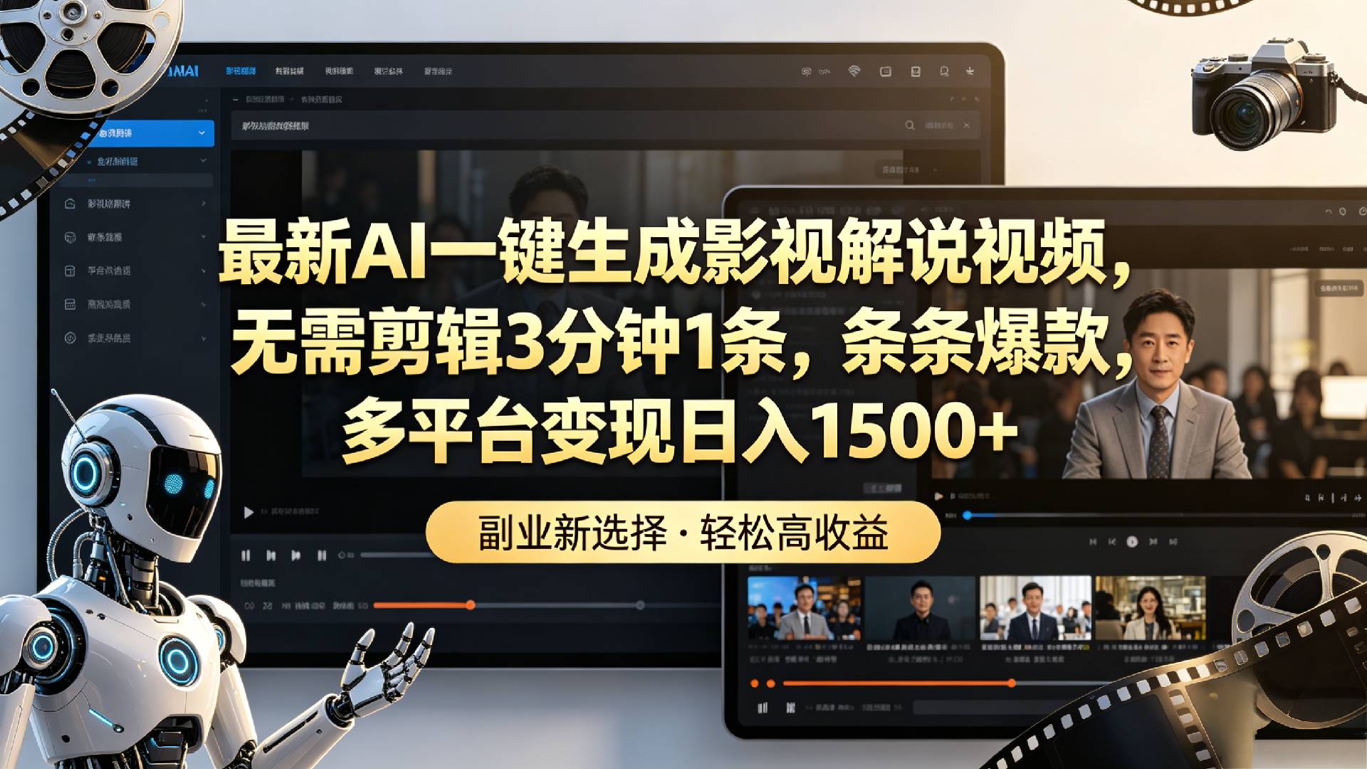 最新AI一键生成影视解说视频，无需剪辑3分钟1条，条条爆款，多平台变现日入1500+