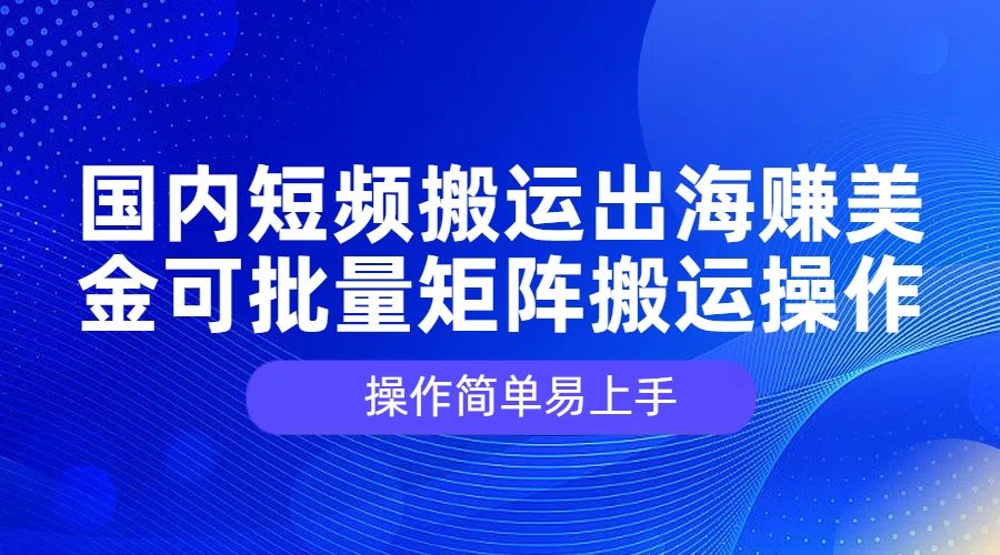 国内短频搬运出海赚美金，可批量矩阵搬运操作，操作简单易上手