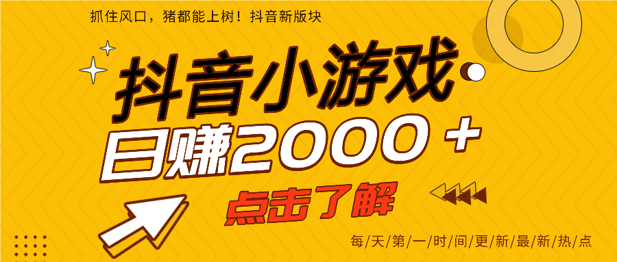 抖音小游戏，最新风口项目，亲测单游戏2000+感兴趣点击了解。