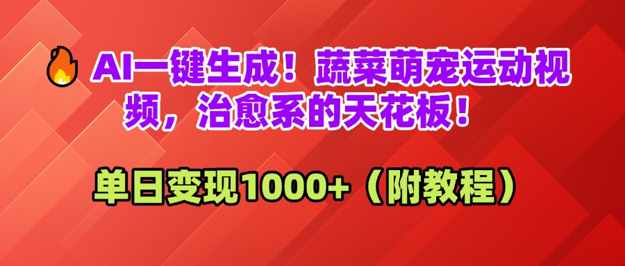 AI一键生成！蔬菜萌宠运动视频，治愈系的天花板！单日变现1000+（附教程）