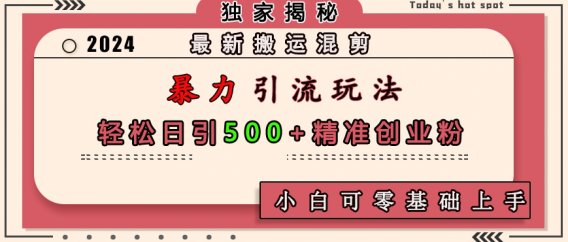 最新搬运混剪暴力引流玩法，轻松日引500+精准创业粉，小白可零基础上手