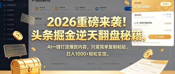 2026 重磅来袭！头条掘金逆天翻盘秘籍，AI 一键打造爆款内容，只需简单复制粘贴，日入 1000 + 轻松实现！