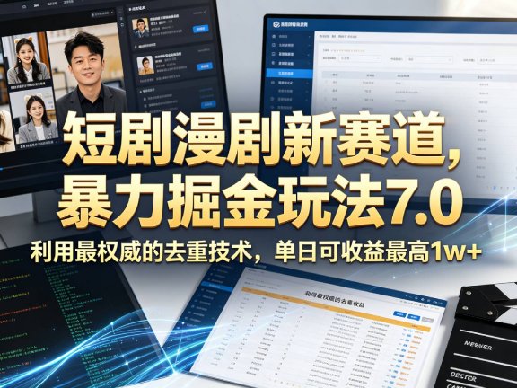 短剧漫剧新赛道,暴力掘金玩法7.0,利用最权威的去重技术,单日可收益最高1w+