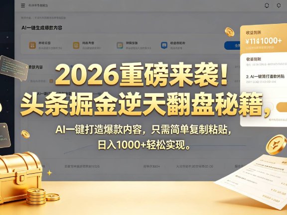 2026 重磅来袭!头条掘金逆天翻盘秘籍,AI 一键打造爆款内容,只需简单复制粘贴,日入 1000 + 轻松实现!